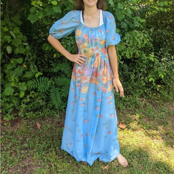 Vintage Maxi Dress S Blue Floral 60s 70s Long Boho Hippie Deha of Sweden Prom - Picture 16 of 16